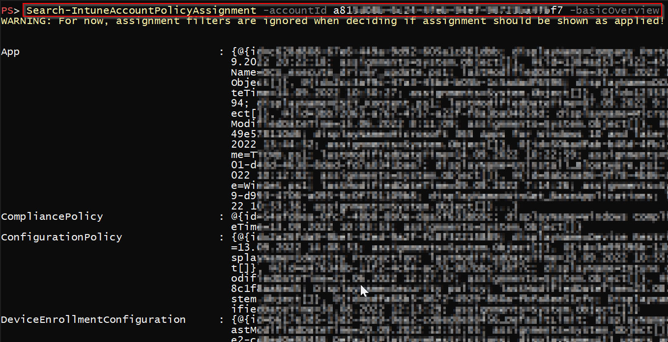 Get all Intune policies assigned to the specified account using PowerShell
