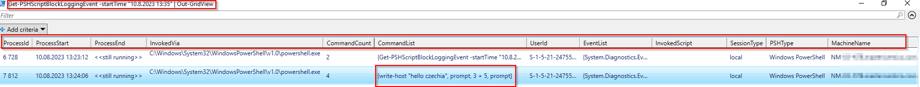 Getting PowerShell Script Block Logging events with context like who, when, and how run the code