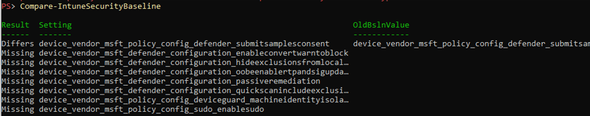 Comparing Intune Security Baseline settings